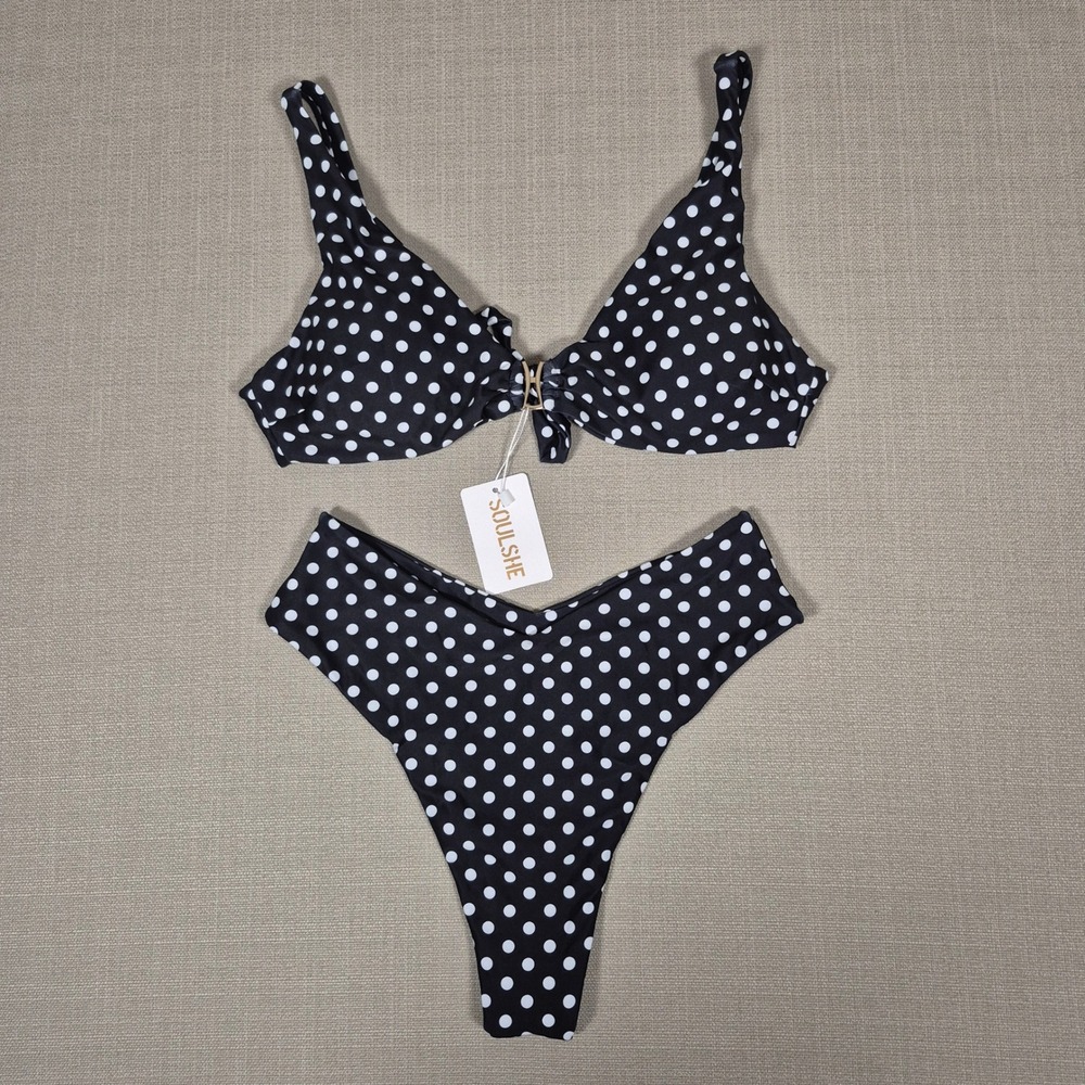 Soulshe Polka Dot Bikini Set Black White High Leg Thong Two Piece Size L NWT